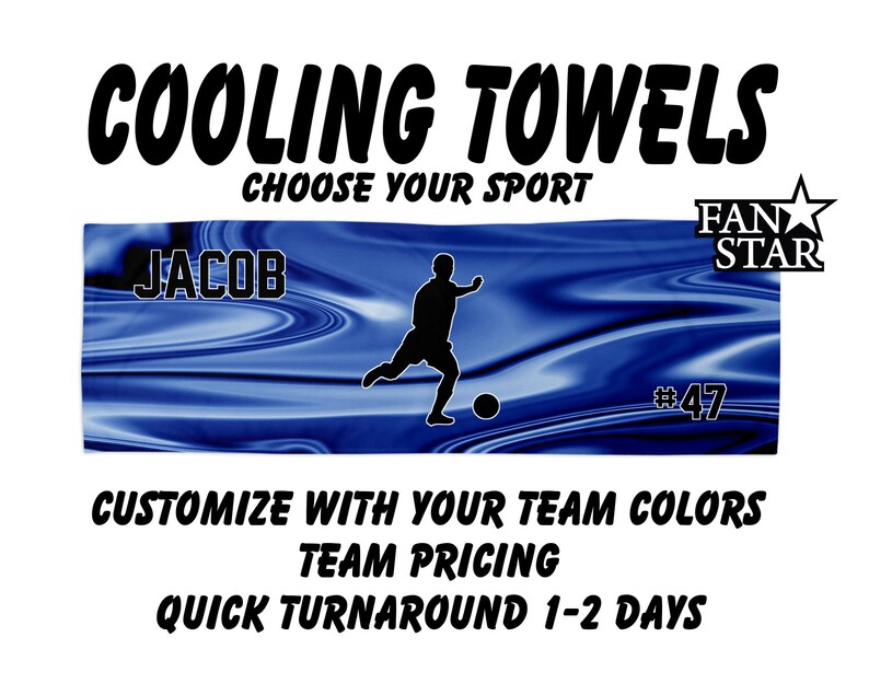 May include: A blue and white cooling towel with a soccer player silhouette, the text "JACOB #47", and the words "COOLING TOWELS CHOOSE YOUR SPORT FAN STAR".