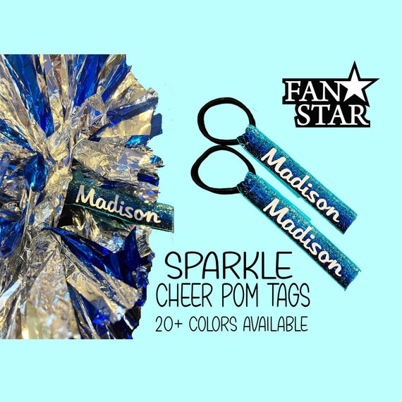Cheer Pom Pom Tags Set of 2 with SPARKLE ribbon, Great for Cheerleaders, Sparkle Ribbon Customized with your Name or Team , 25+ Colors