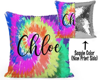 Personalized Rainbow Tie Dye Mermaid Sequin Flip Pillow, Customized Pride Rainbow Sequin Pillow with your Name