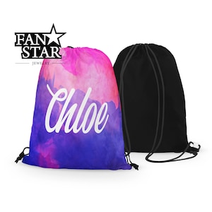 May include: Two drawstring bags, one black and one with a watercolor design in shades of pink, purple, and blue. The bag with the design has the name "Chloe" written in white on it.