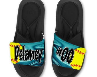 Custom Softball Slides Flip Flops Sandals with Waves Background, Personalized Fastpitch Slides, Great Softball Team Gift