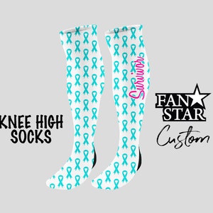 Personalized Teal Ribbon Knee High Socks, Custom Knee High Ovarian Cancer Ribbon Socks, Add ANY text to the socks!