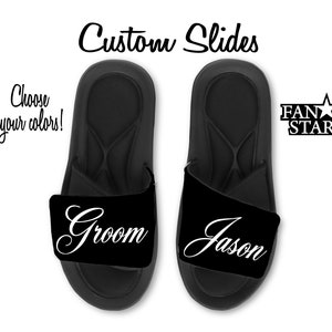Personalized Groom Slides Sandals, Custom Bachelor Party Gifts, Choose Your Colors and Font!  Super Comfy Memory Foam Sole.