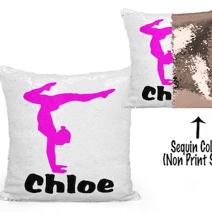 Personalized Custom GYMNAST Gymnastics Stag Pose Mermaid Sequin Flip Pillow - Choose your Colors!