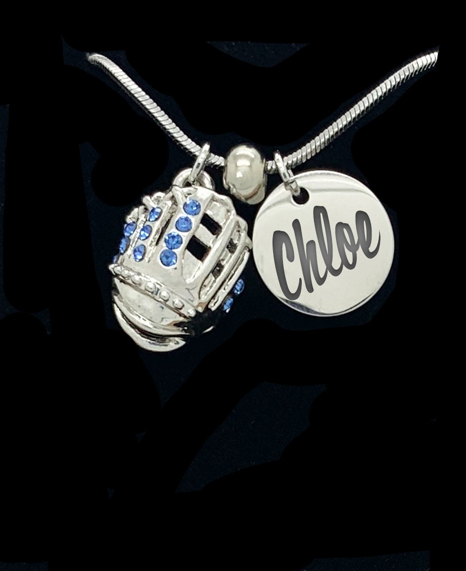 Custom SOFTBALL Glove Pendant Name Necklace - Choose your Color!  Personalized, Stainless Steel, Crystal, Laser Engraved
