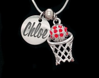 Custom BASKETBALL Pendant Name Necklace Several Colors Available - Personalized, Stainless Steel, Crystal, Engraved, Basketball Senior Gift
