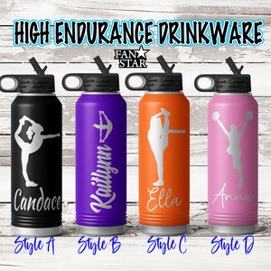 Personalized Cheer Water Bottle Laser Engraved with Name, Choose a Color, Size, Stainless Steel, 20, 32, or 40 Ounce, Cheerleading Team Gift