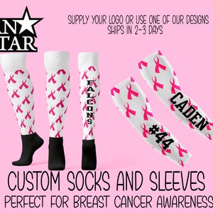 Custom Pink Ribbon Socks and Sleeves Set, Great for Breast Cancer Awareness Events, Team Events, Football, Softball, Soccer, Team Discounts
