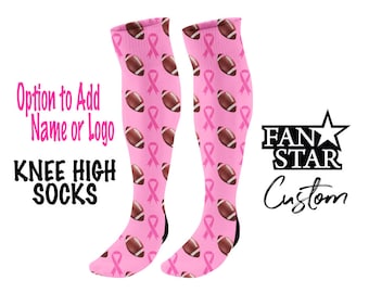 Calcetines altos hasta la rodilla con motivo de cáncer de mama y fútbol rosa personalizados, calcetines personalizados para concientizar sobre el cáncer de mama. ¡Agregue CUALQUIER texto a los calcetines!