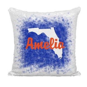 Personalized State of FLORIDA Custom Sequin Mermaid Flip Pillow - Blue & Orange SPLATTER