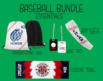 Baseball Bundle Essentials Including Bag Tag, Cooling Towel, Drawstring Bag, and Arm Sleeve All  Customized with Your Team Logo and Names