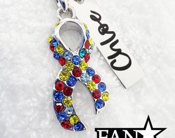 Autism Crystal Ribbon Necklace Pendant with Stainless Steel Engraved Name Charm