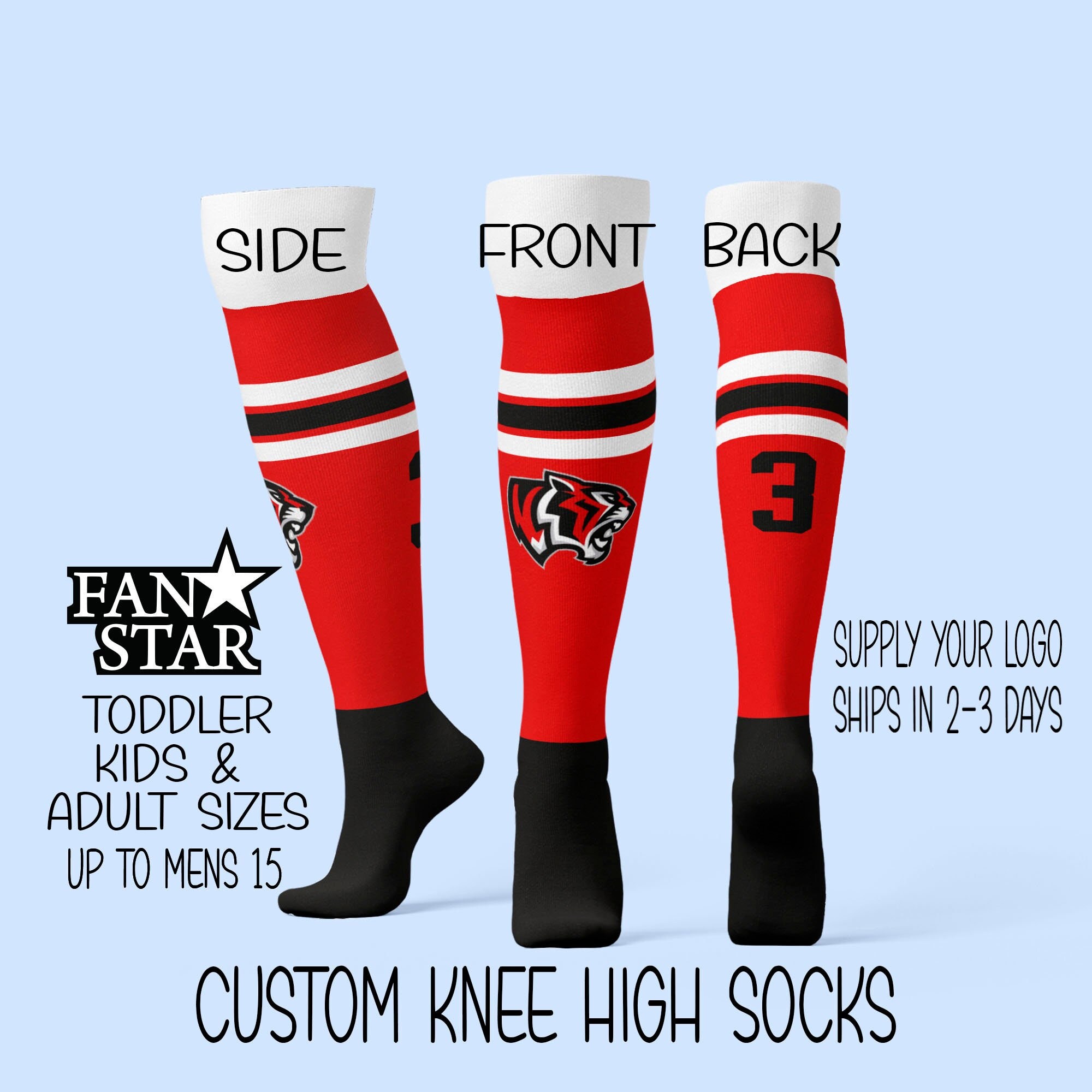 thumbnail interactive-video image 1 of Unisex Knee High Football Socks – Polyester, Breathable, Multi-Color (White/Red, White/Black, White/Blue, Green, Orange, Yellow) 1 of 2