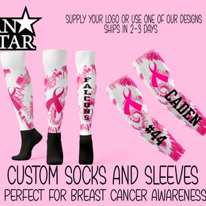 Custom Pink Ribbon Socks and Sleeves Set, Great for Breast Cancer Awareness Events, Team Events, Football, Softball, Soccer, Team Discounts