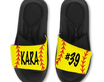 Personalized Custom FASTPITCH SOFTBALL Slides Flip Flops Sandals -  Customize with Your Name, Number, and Background!