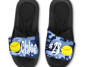 Personalized SOFTBALL FASTPITCH Slides Flip Flops Sandals -  CAMO - Custom with Your Name or Team & Choose Your Colors!