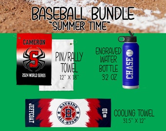 Baseball Bundle Summer Time Including Pin Trading Towel, Cooling Towel, and an Engraved Water Bottle Customized with Your Team Logo and Name
