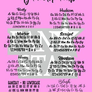 May include: A pink background with a white star shape in the center. The star is filled with text that lists different font styles, including Billy, Marker, Honey, Hudson, Script, Hoodson, and Blush. Each font style is displayed with the alphabet and numbers.
