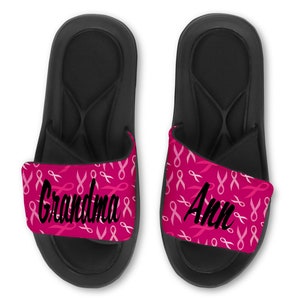 Personalized Breast Cancer Awareness Slides Sandals Flip Flops - Customize with your own words & ribbon color!