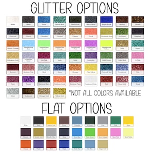 Puede incluir: Un gr&aacute;fico que muestra opciones de purpurina y colores planos para un proyecto artesanal. El gr&aacute;fico incluye una variedad de colores, incluyendo blanco, negro, aguamarina, azul playa, negro/oro, negro/plata, azul real brillante, bronce, marr&oacute;n, carb&oacute;n vegetal, cereza, Colombia, confeti, cobre, coral, oro Coronado, verde oscuro, berenjena, naranja de Florida, azul fluorescente, verde fluorescente, naranja fluorescente, rosa fluorescente, morado fluorescente, amarillo fluorescente, oro, verde, oro hologr&aacute;fico, plata hologr&aacute;fica, rosa intenso, jade, kelly, lavanda, verde claro, multi claro, rosa claro, granate, rosa medio, menta, azul marino, naranja, amarillo p&aacute;lido, azul pavo real, portwinkle, rosa, ciruela, morado, negro arco&iacute;ris, coral arco&iacute;ris, ciruela arco&iacute;ris, blanco arco&iacute;ris, rojo, oro rosa, real, plata, teca, oro vintage, oro amarillo, oro atl&eacute;tico, marr&oacute;n, Colombia, verde oscuro, gris, kelly, ma&iacute;z, granate, oro met&aacute;lico, plata met&aacute;lica, azul marino, azul ne&oacute;n, verde ne&oacute;n, naranja ne&oacute;n, rosa ne&oacute;n, amarillo ne&oacute;n, naranja, morado, rojo, real, azul tibur&oacute;n, azul cielo, y oro vegano. El gr&aacute;fico tambi&eacute;n incluye el texto "*NOT ALL COLORS AVAILABLE" y "FLAT OPTIONS".
