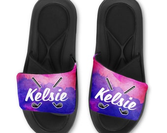 Custom Golf Club Slides Flip Flops Sandals, Personalized Golf Sandals, Memory Foam Slides, Soccer Gift, NEW Watercolor Design