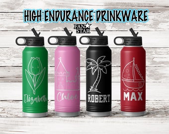 Personalized Water Bottle Laser Engraved with Name and Image, Choose a Color, Size, Stainless Steel, 20, 32, or 40 Ounce, Choose Your Style