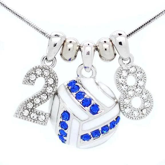 Volleyball Pendant Number Necklace with Crystals to Match Team Colors, Birthstone, or Favorite Color, Rhodium Plated, Team Gift