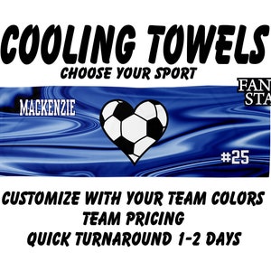 May include: A blue and white cooling towel with a soccer ball design in the shape of a heart. The towel is personalized with the name "Mackenzie" and the number "25".