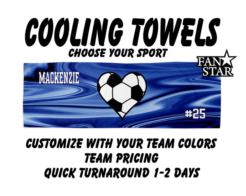 May include: A blue and white cooling towel with a soccer ball design in the shape of a heart. The towel is personalized with the name "Mackenzie" and the number "25".