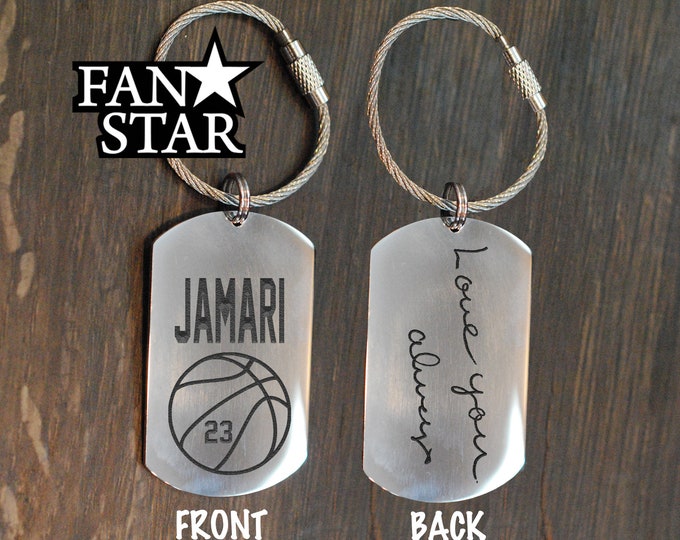 BASKETBALL Keychain Custom with NAME and Number|Handwriting & Font Options|Personalized|Stainless Steel|Laser Engraved Key Chain