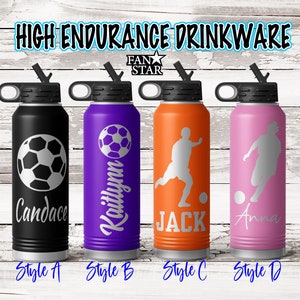 Personalized Soccer Water Bottle Laser Engraved with Name, Choose a Color, Size, Stainless Steel, 20, 32, or 40 Ounce, Choose Your Style