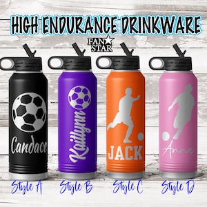 Personalized Soccer Water Bottle Laser Engraved with Name, Choose a Color, Size, Stainless Steel, 20, 32, or 40 Ounce, Choose Your Style