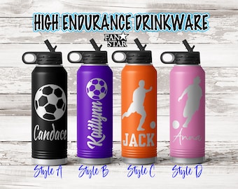 Personalized Soccer Water Bottle Laser Engraved with Name, Choose a Color, Size, Stainless Steel, 20, 32, or 40 Ounce, Choose Your Style