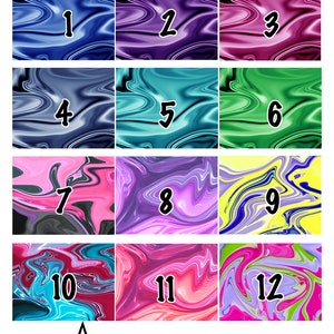 May include: Twelve different digital paper designs with a liquid marble effect in various colors, including blue, purple, pink, green, yellow, and black. The designs are numbered 1 through 12. The text "FAN STAR Waves Options" is at the bottom of the image.