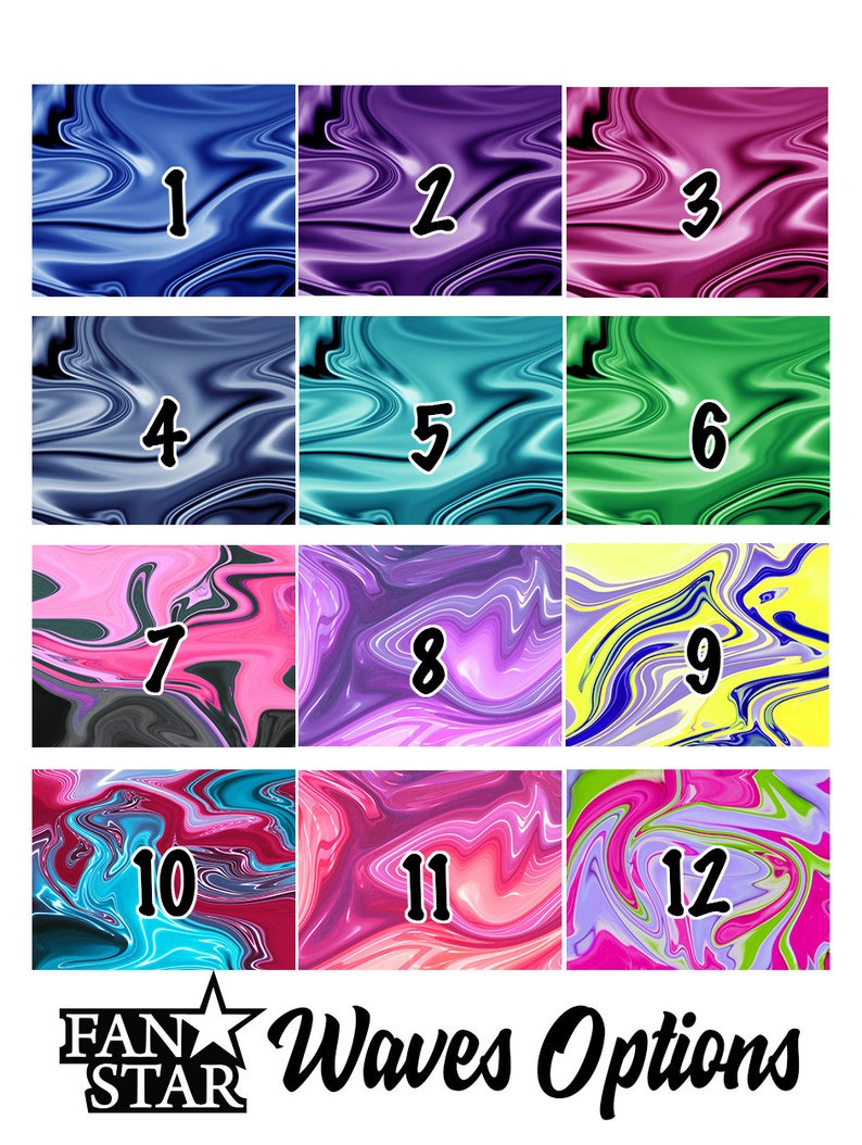 May include: Twelve different digital paper designs with a liquid marble effect in various colors, including blue, purple, pink, green, yellow, and black. The designs are numbered 1 through 12. The text "FAN STAR Waves Options" is at the bottom of the image.
