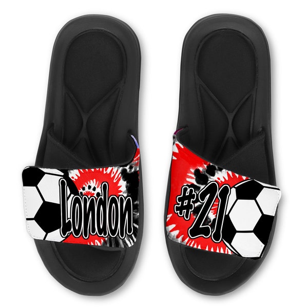 Custom Soccer Slides Flip Flops Sandals, Personalized Soccer Sandals, Memory Foam Slides, Soccer Gift, Tie Dye Design