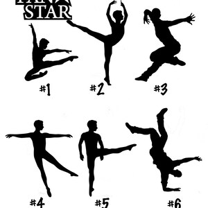 May include: Six black silhouette images of male dancers in different poses. The images are numbered 1 through 6. The text "FAN STAR" and "MALE DANCE OPTIONS" are at the top and bottom of the image.