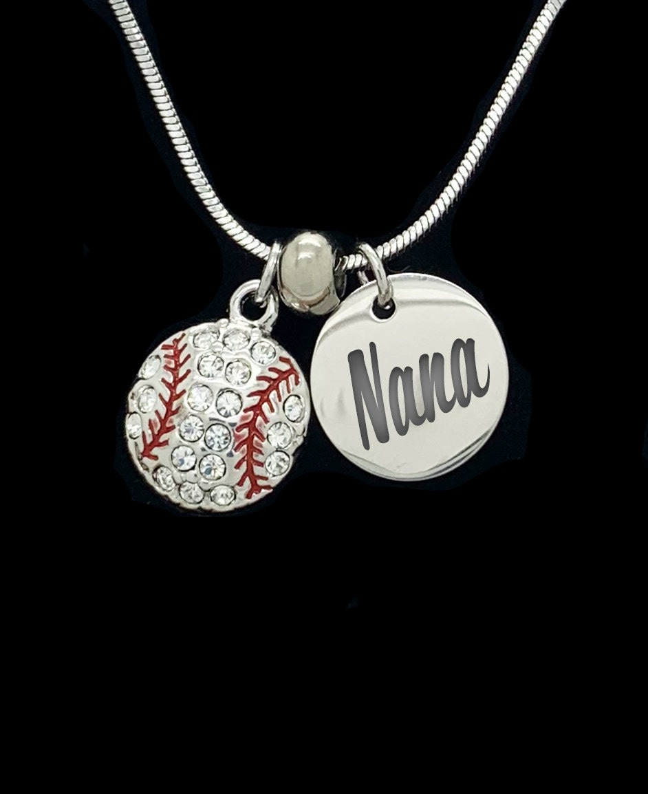Custom BASEBALL Pendant Name Necklace - Several Colors Available - Personalized, Stainless Steel, Crystal, Laser Engraved