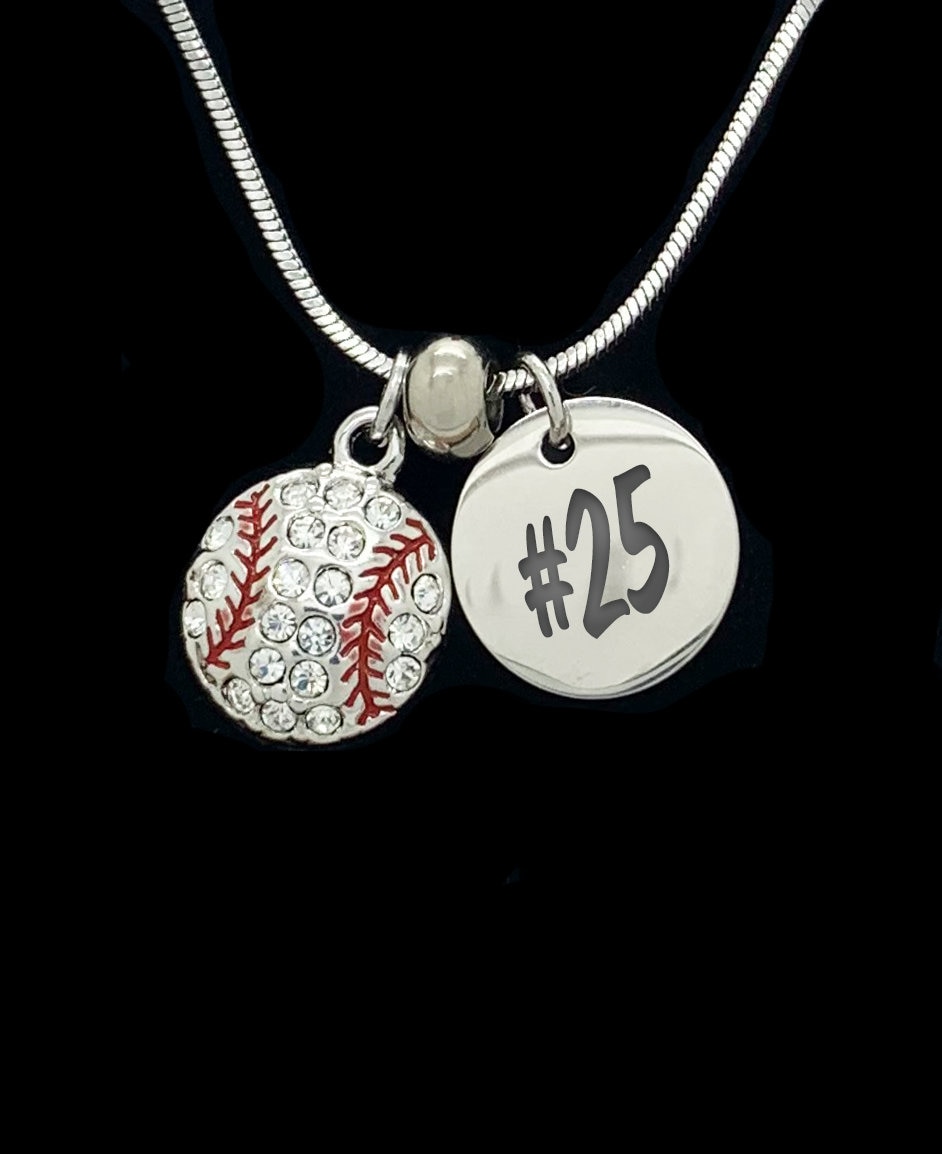 Custom BASEBALL Pendant Name Necklace - Several Colors Available - Personalized, Stainless Steel, Crystal, Laser Engraved