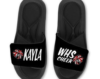 Personalized Custom Cheer Slides Flip Flops Sandals with Poms - Choose Your Words & Colors!
