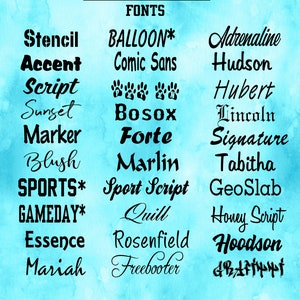 May include: A blue background with a list of fonts in black text. The text reads "FANSTAR FONTS" at the top and lists various font names, including "BALLOON", "Comic Sans", "Adrenaline", "Hudson", "Script", "Sunset", "Bosox", "Lincoln", "Marker", "Forte", "Signature", "Blush", "Marlin", "Tabitha", "SPORTS", "Sport Script", "GAMEDAY", "Quill", "GeoSlab", "Honey Script", "Essence", "Rosenfield", "Hoodson", "Mariah", "Freebooter", and "FONTS WITH * ARE CAPS ONLY".