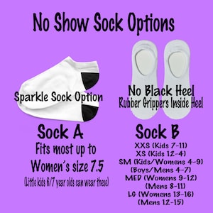 May include: Two pairs of no-show socks, one with a black heel and one with a white heel. The socks are labeled "Sock A" and "Sock B" and list different sizes for each.