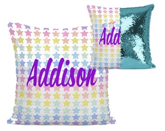 Personalized Rainbow Stars Mermaid Sequin Flip Pillow Customized with Your Name and Sequin Color