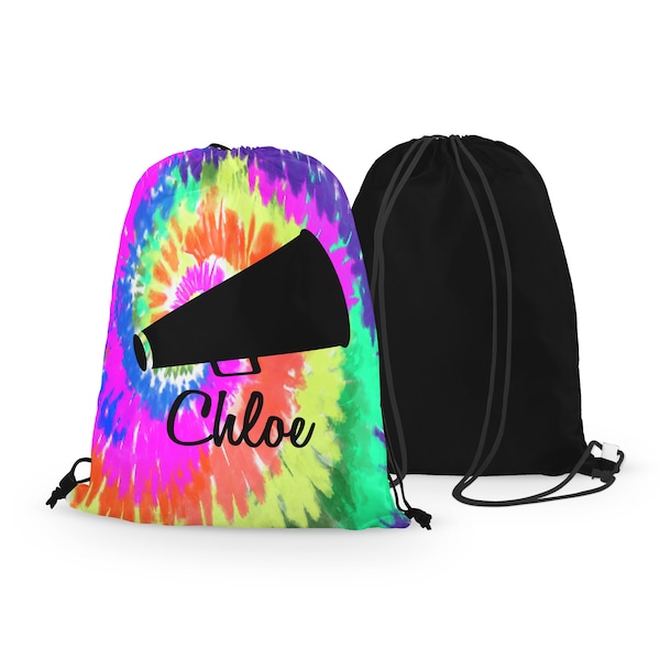 Personalized Cheer Megaphone Drawstring Bag, Custom Cheerleading Drawstring Backpack, Great team cheer gift! Tie Dye