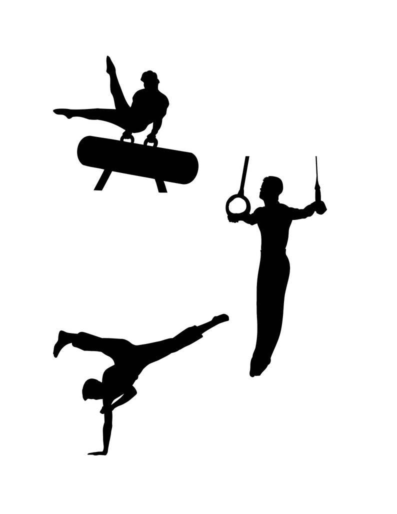 May include: A black silhouette graphic featuring three gymnasts in action. One gymnast performs on a pommel horse, another is suspended on gymnastic rings, and the third is executing a one-handed handstand with legs extended in a split position.