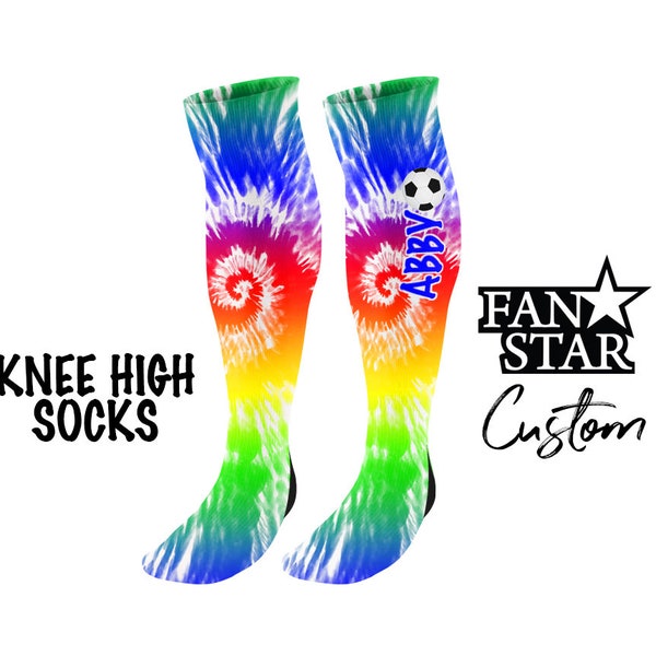 Personalized Soccer Tie Dye Knee High Socks, Custom Soccer Ball Tie Dye Socks, Choose ANY Color Tie Dye! Great Soccer Team Gift