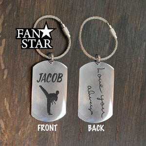 Custom Name KARATE TAEKWONDO Keychain|Choose Your Image|Handwriting & Font Options|Stainless Steel|Laser Engraved Key Chain