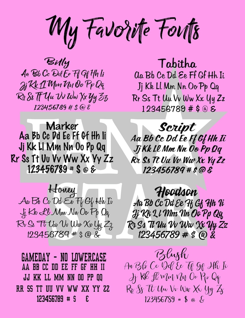 May include: A pink background with a list of different fonts, including Billy, Marker, Honey, Tabitha, Script, Hoodson, and Blush. Each font is displayed with the alphabet, numbers, and symbols.