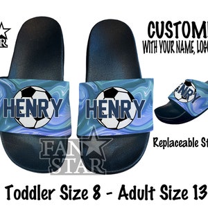 Personalized Soccer Ball Slides Flip Flops Sandals PU Flex Soles with Waves Background, Customize with Your Name and Number