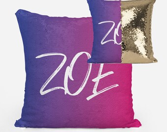 Personalized Pink Purple Ombre Mermaid Sequin Flip Pillow Customized with Your Name or Logo